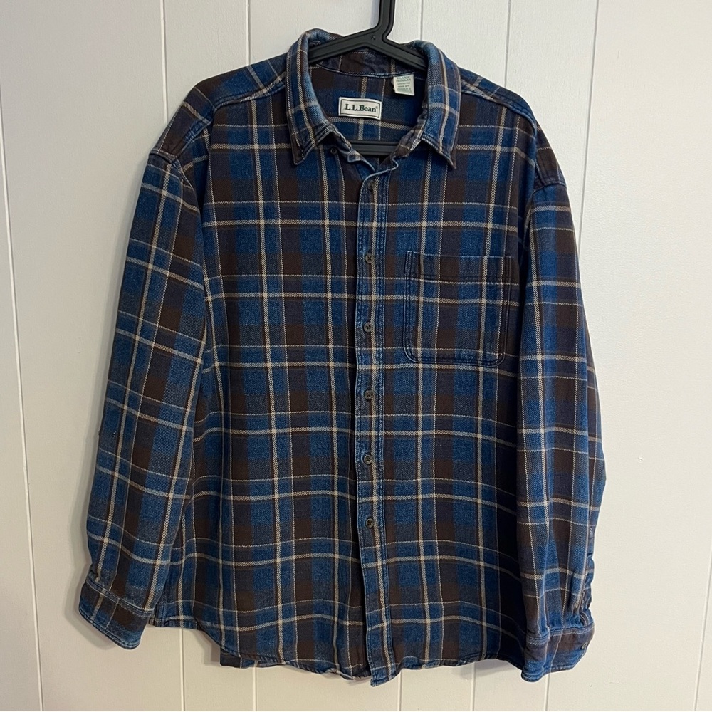 LL‎ BeanTwill Cotton Button Down Blue Brown Plaid Size XL